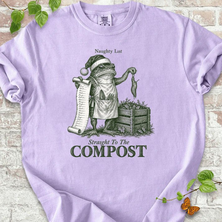 Naughty List Frog Slug Compost Bin T-Shirt in Orchid – PlotlyGarden