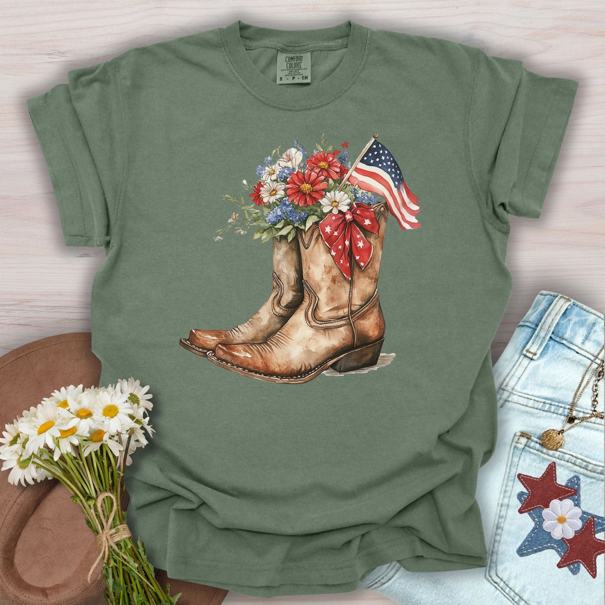 Patriotic Cowboy Boots & Blooms T-Shirt