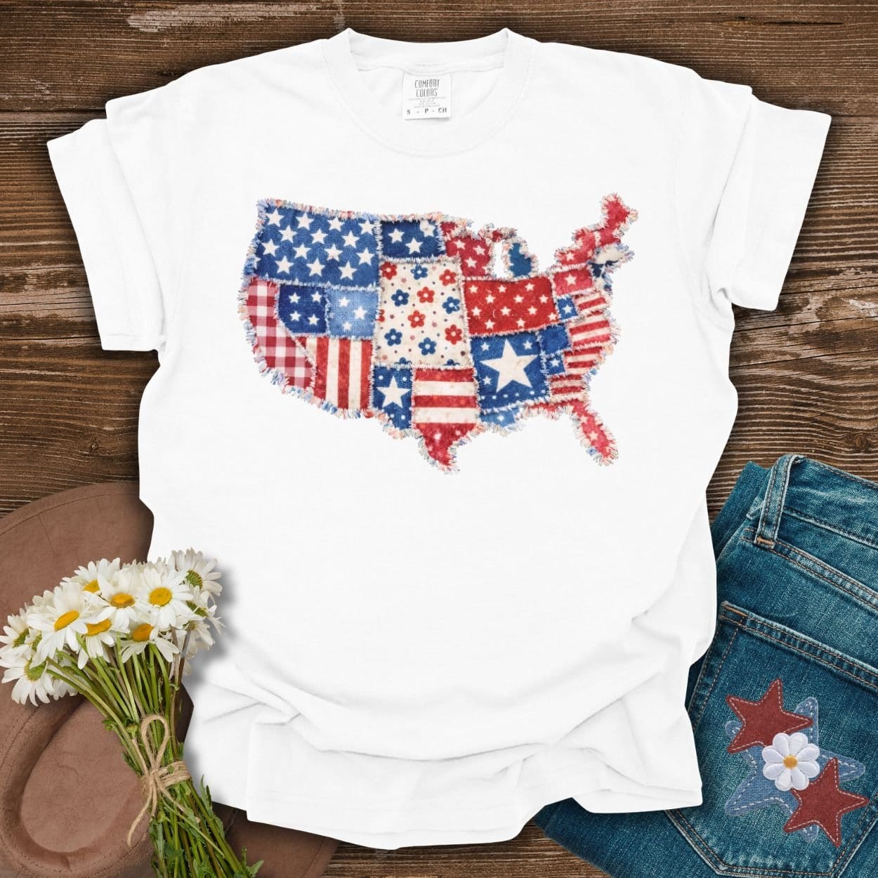 Patriotic Faux Patchwork Map of America T-Shirt