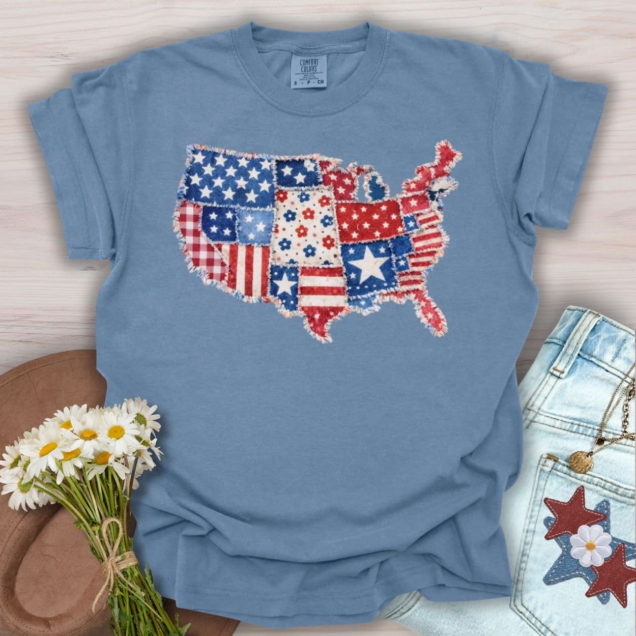 Patriotic Faux Patchwork Map of America T-Shirt