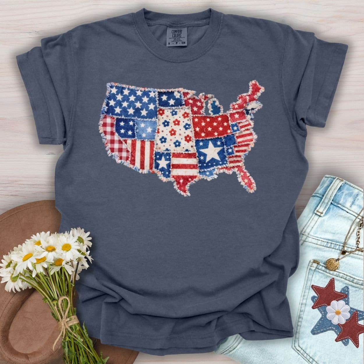 Patriotic Faux Patchwork Map of America T-Shirt