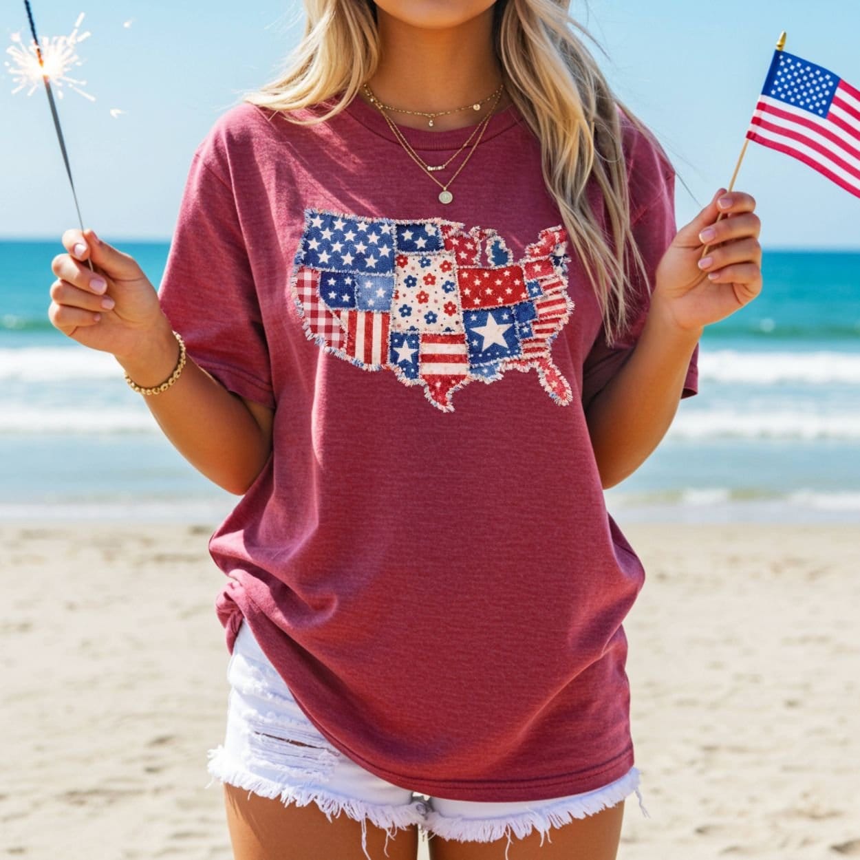 Patriotic Faux Patchwork Map of America T-Shirt