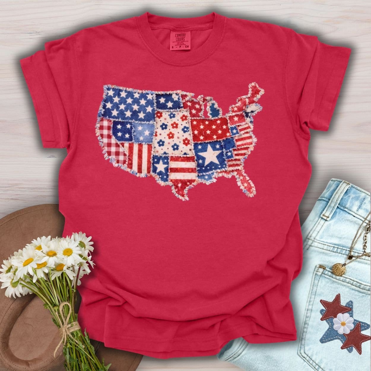 Patriotic Faux Patchwork Map of America T-Shirt
