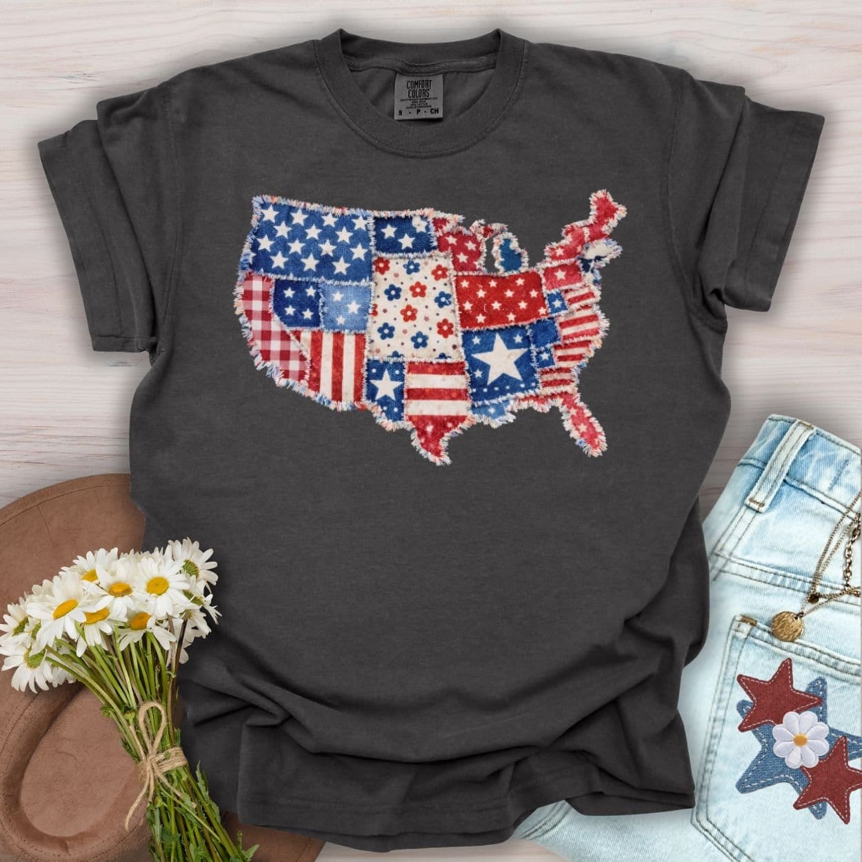 Patriotic Faux Patchwork Map of America T-Shirt
