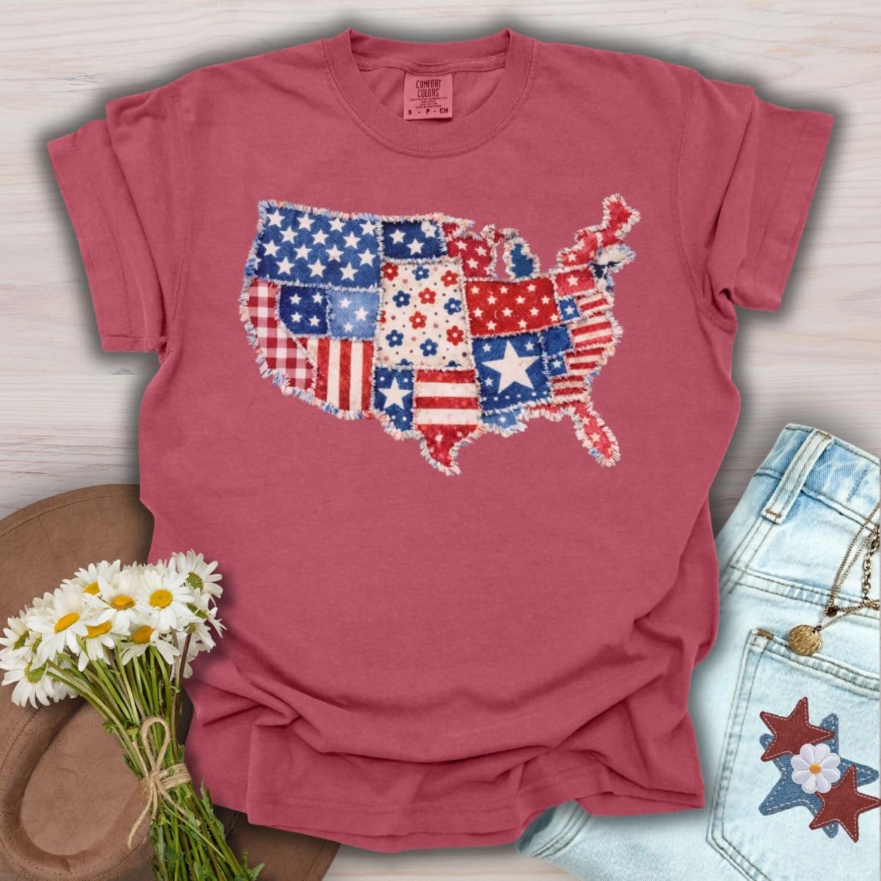 Patriotic Faux Patchwork Map of America T-Shirt