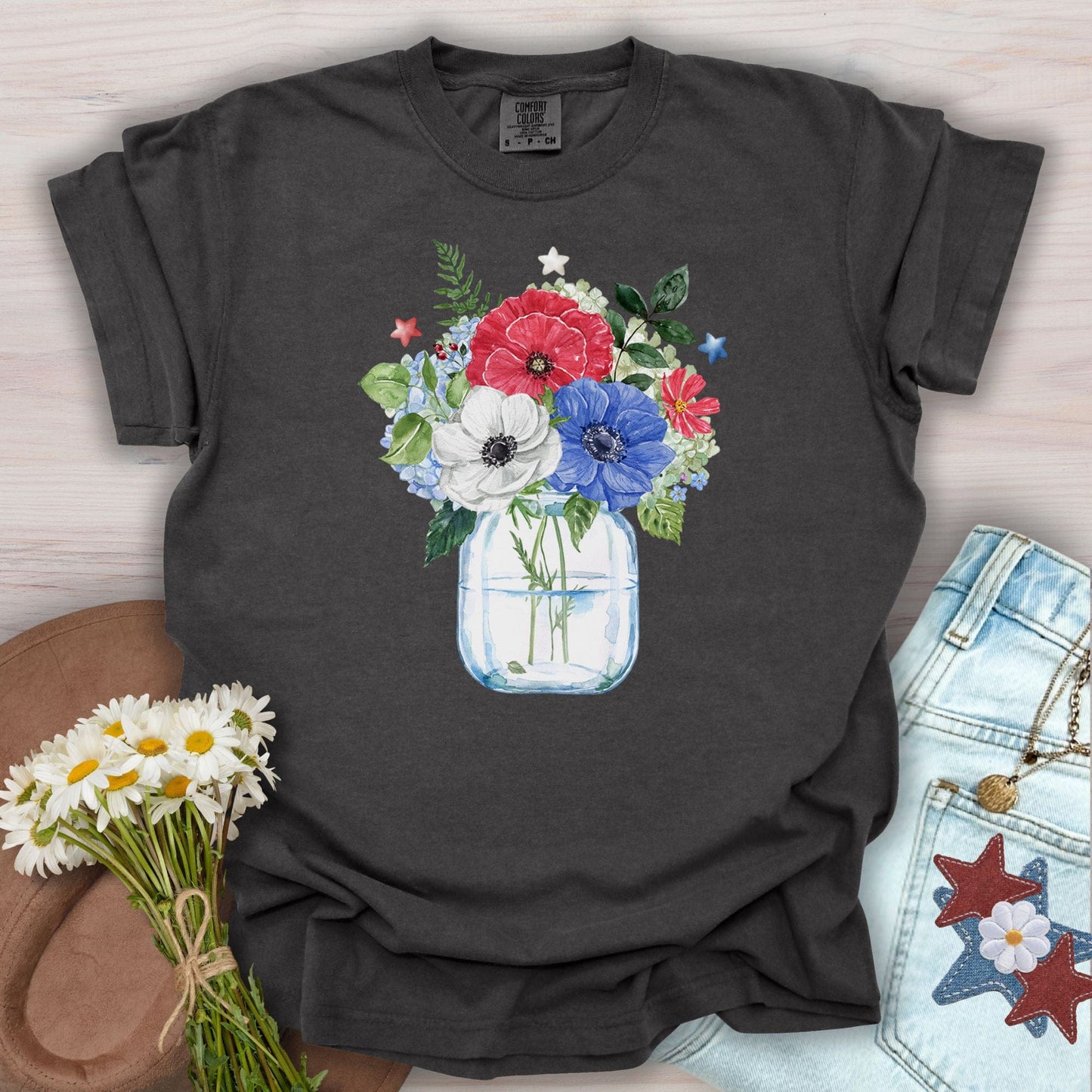 Patriotic Floral Bouquet in Mason Jar T-Shirt