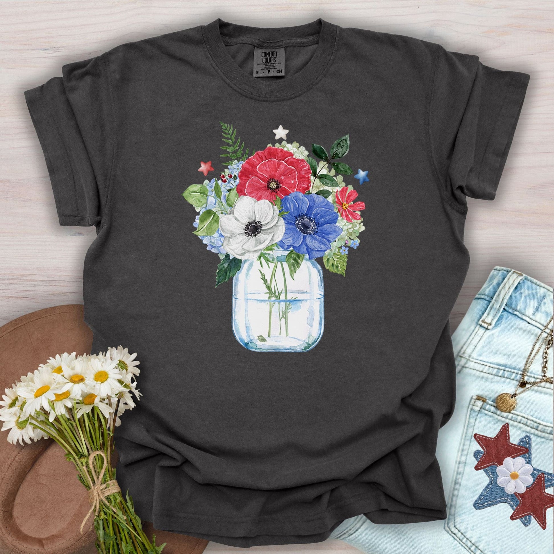 Patriotic Floral Bouquet in Mason Jar T-Shirt