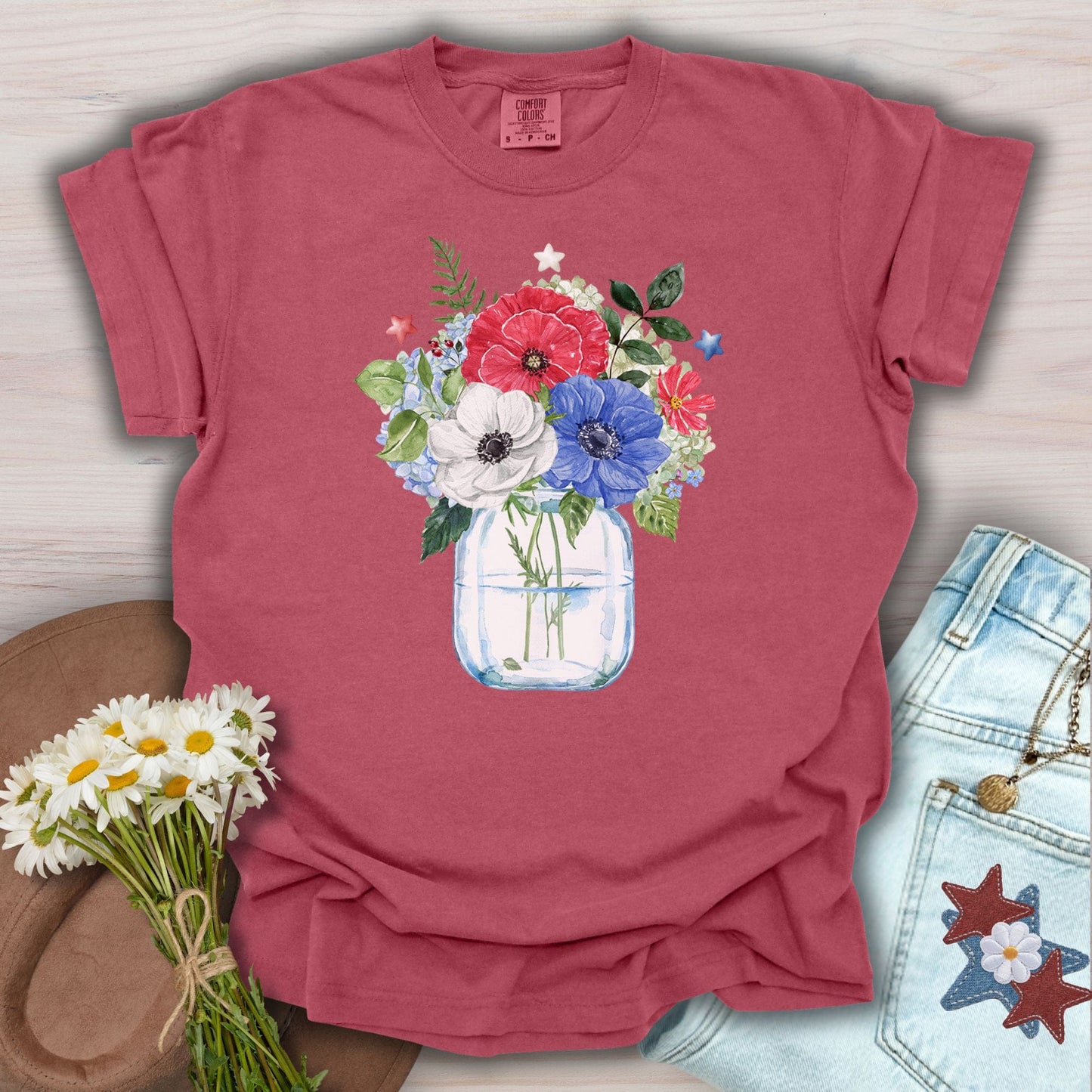 Patriotic Floral Bouquet in Mason Jar T-Shirt