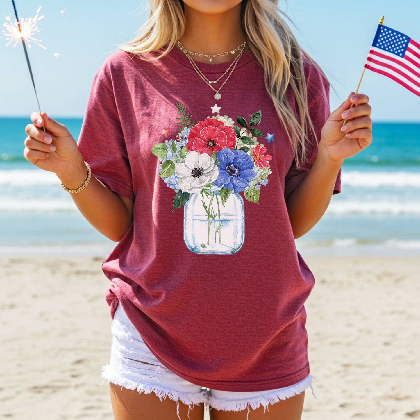 Patriotic Floral Bouquet in Mason Jar T-Shirt
