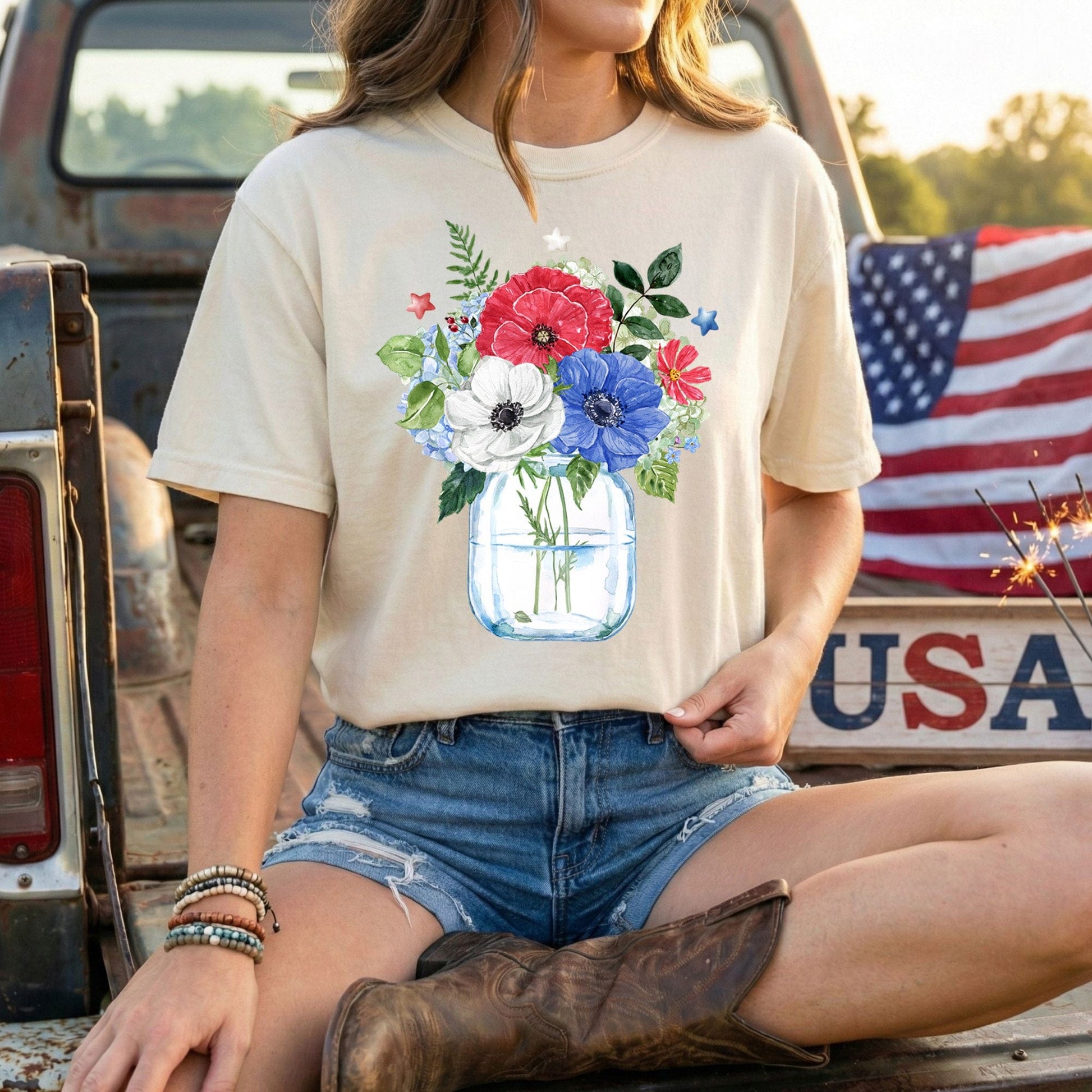 Patriotic Floral Bouquet in Mason Jar T-Shirt