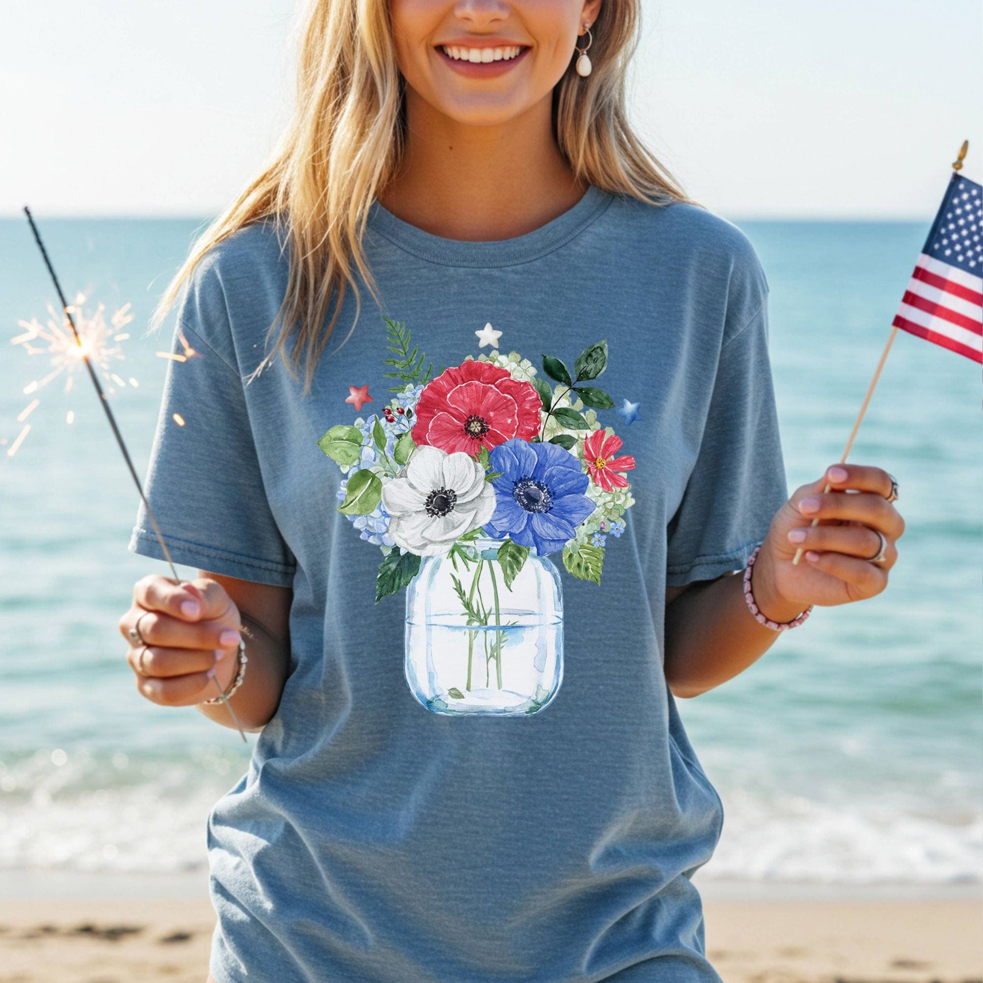 Patriotic Floral Bouquet in Mason Jar T-Shirt