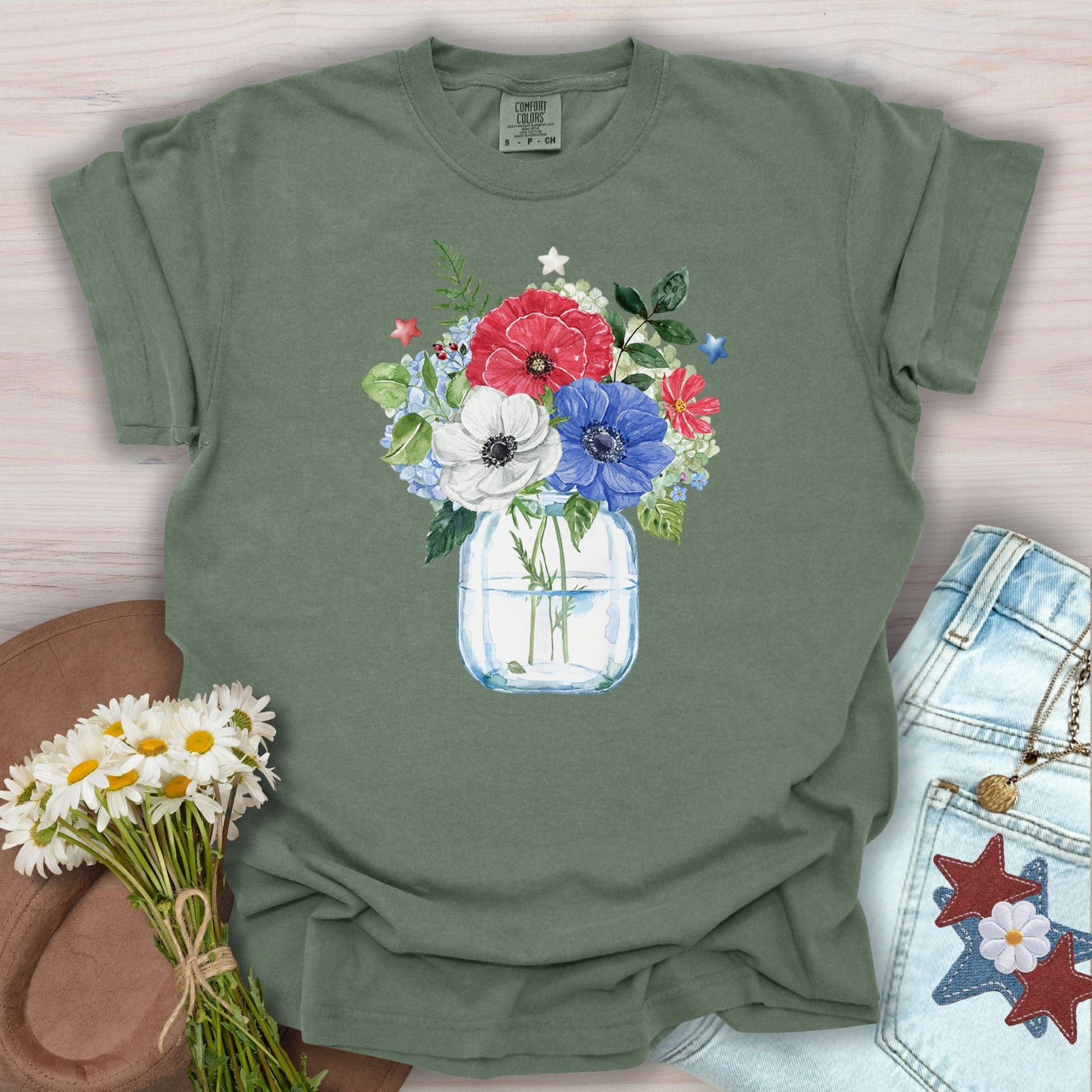 Patriotic Floral Bouquet in Mason Jar T-Shirt