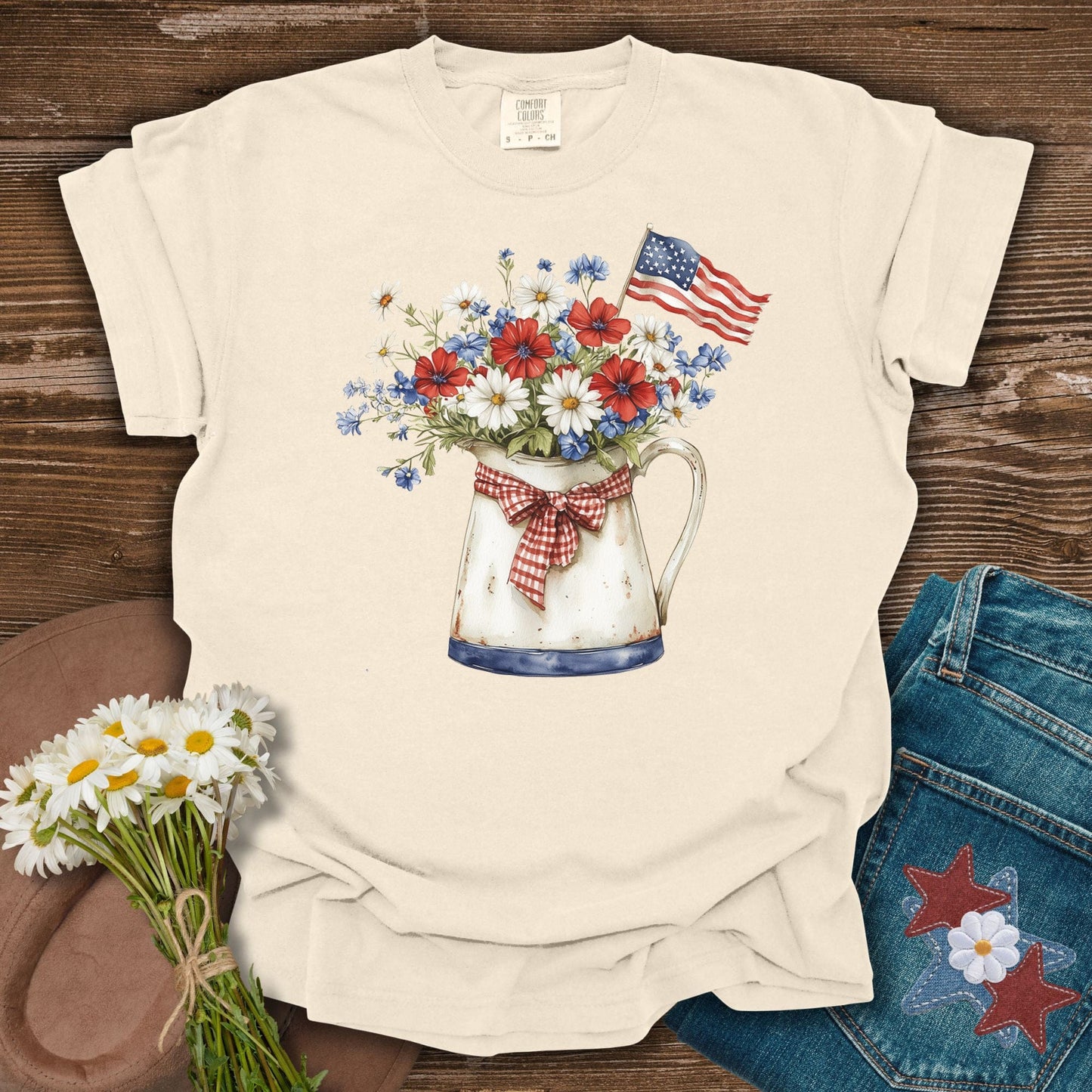 Patriotic Flower Pitcher with Flag T-Shirt