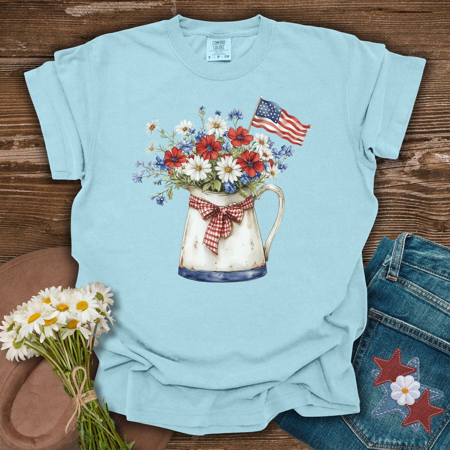 Patriotic Flower Pitcher with Flag T-Shirt