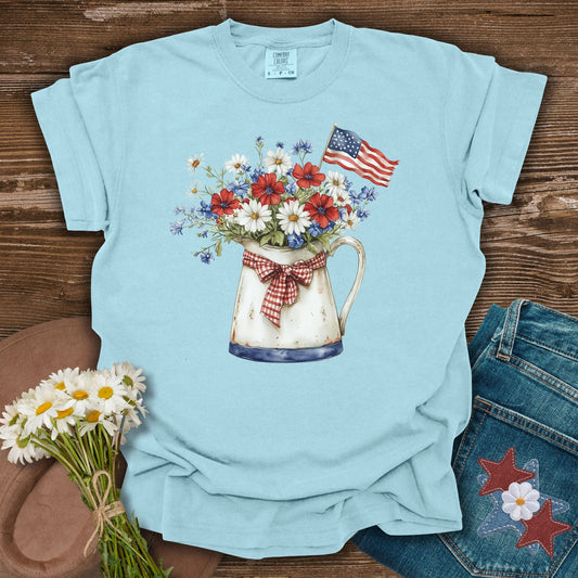 Patriotic Flower Pitcher with Flag T-Shirt