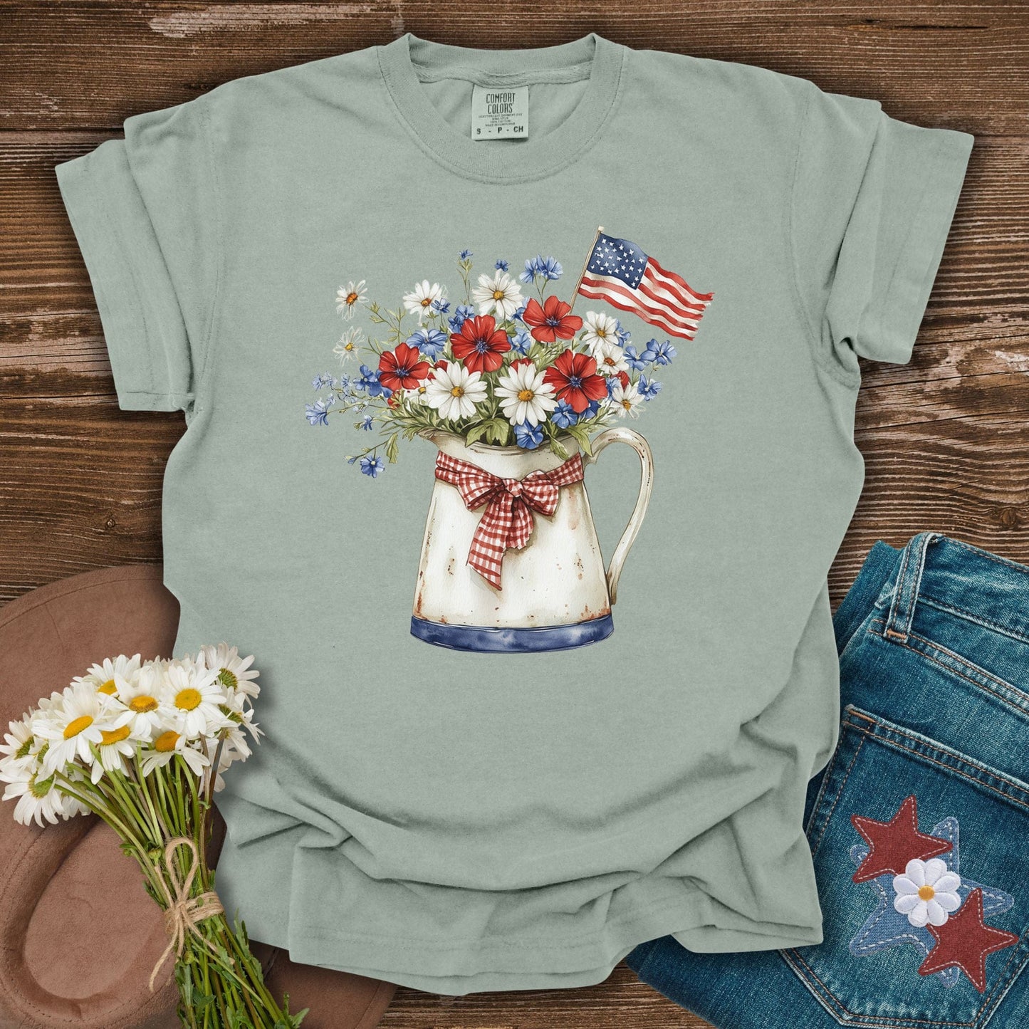 Patriotic Flower Pitcher with Flag T-Shirt
