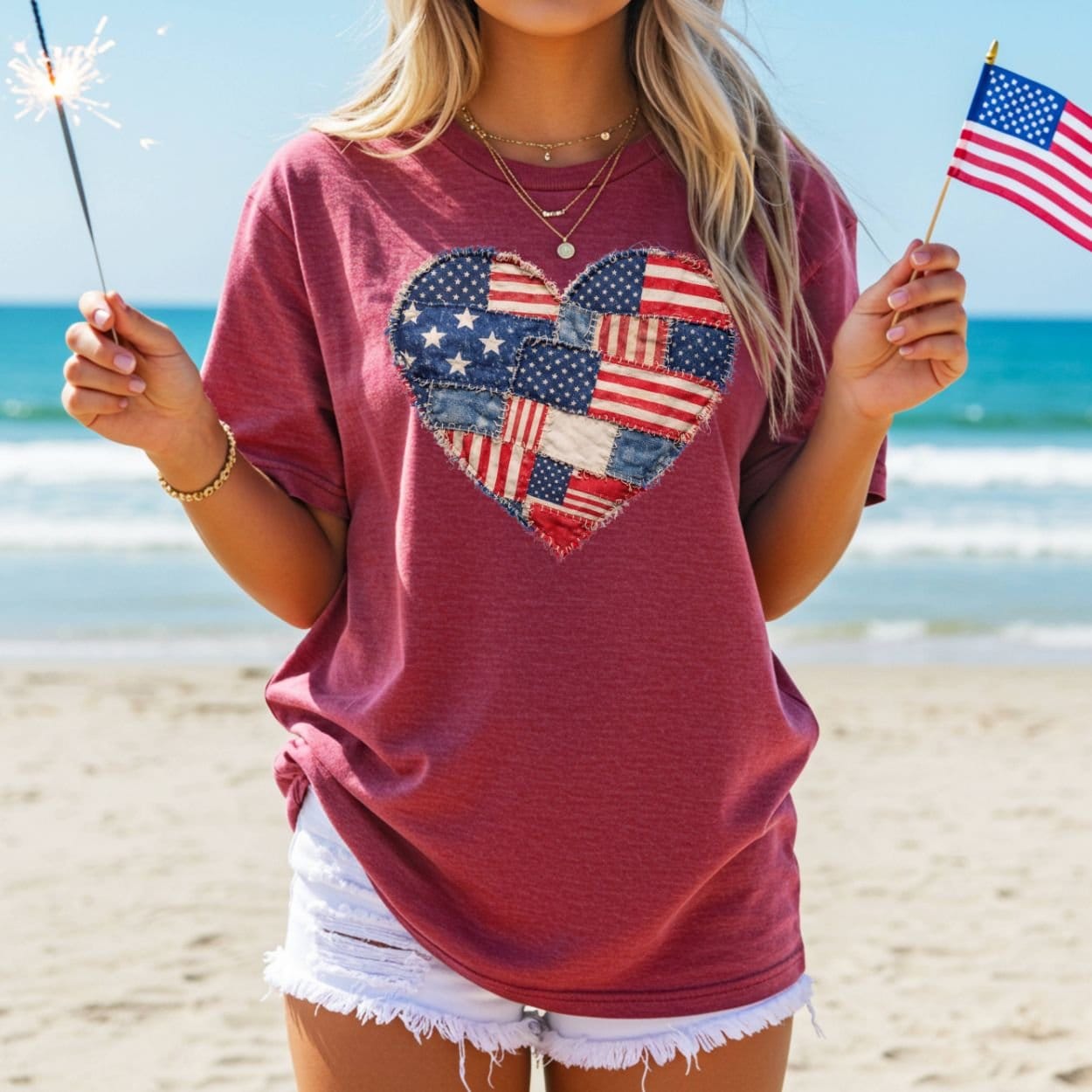 Patriotic Heart Faux Quilt T-Shirt