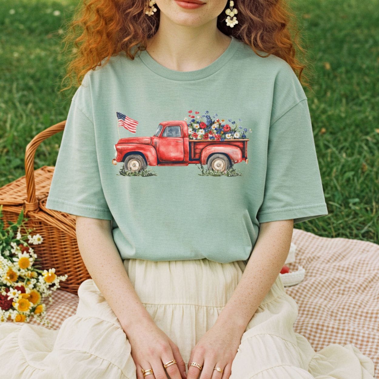 Patriotic Pickup Truck with Flowers T-Shirt