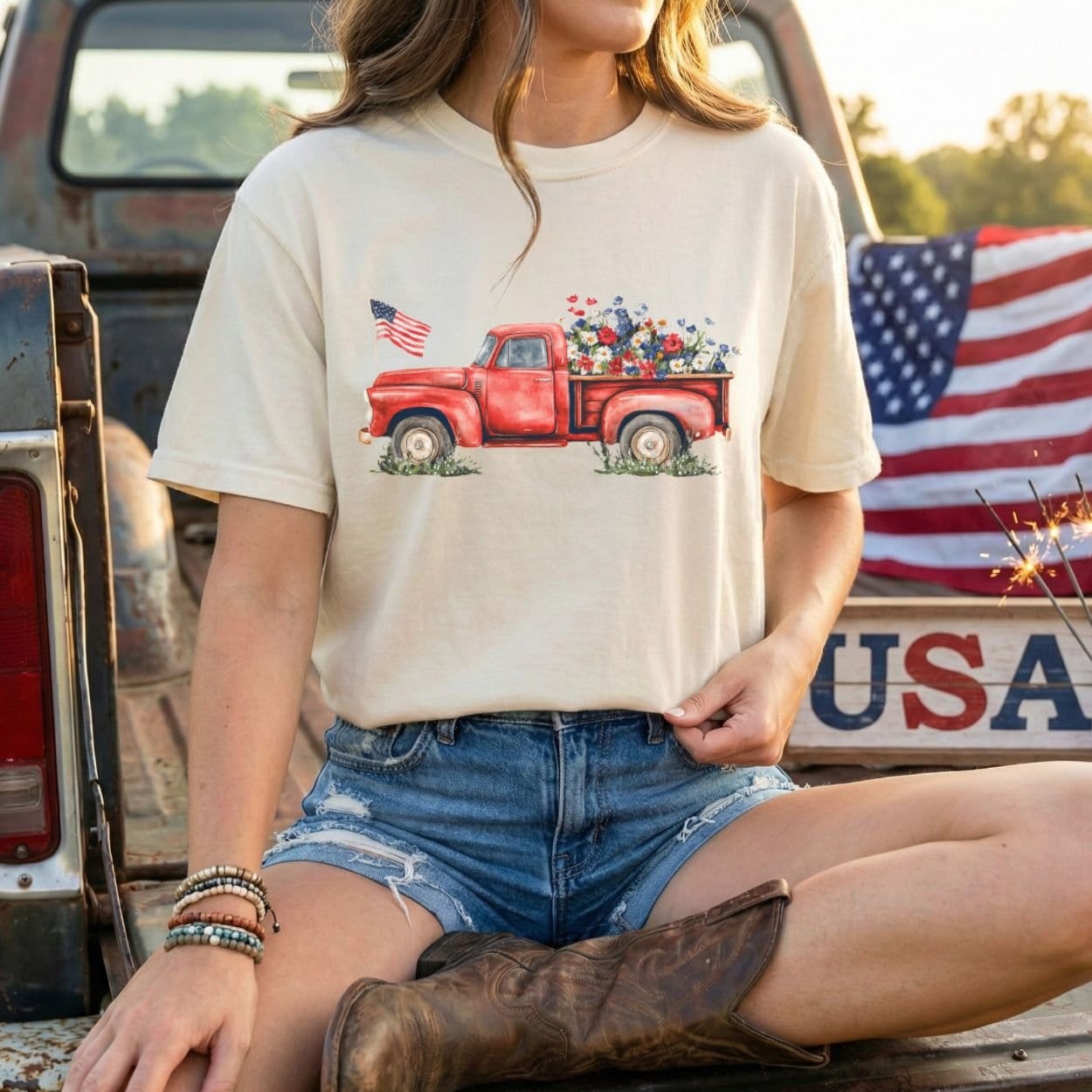 Patriotic Pickup Truck with Flowers T-Shirt