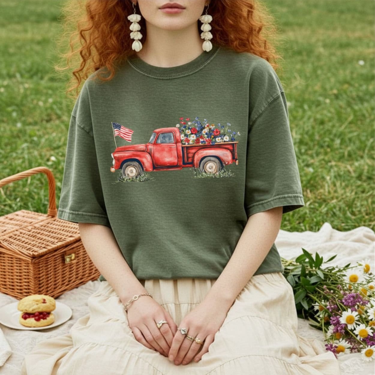 Patriotic Pickup Truck with Flowers T-Shirt