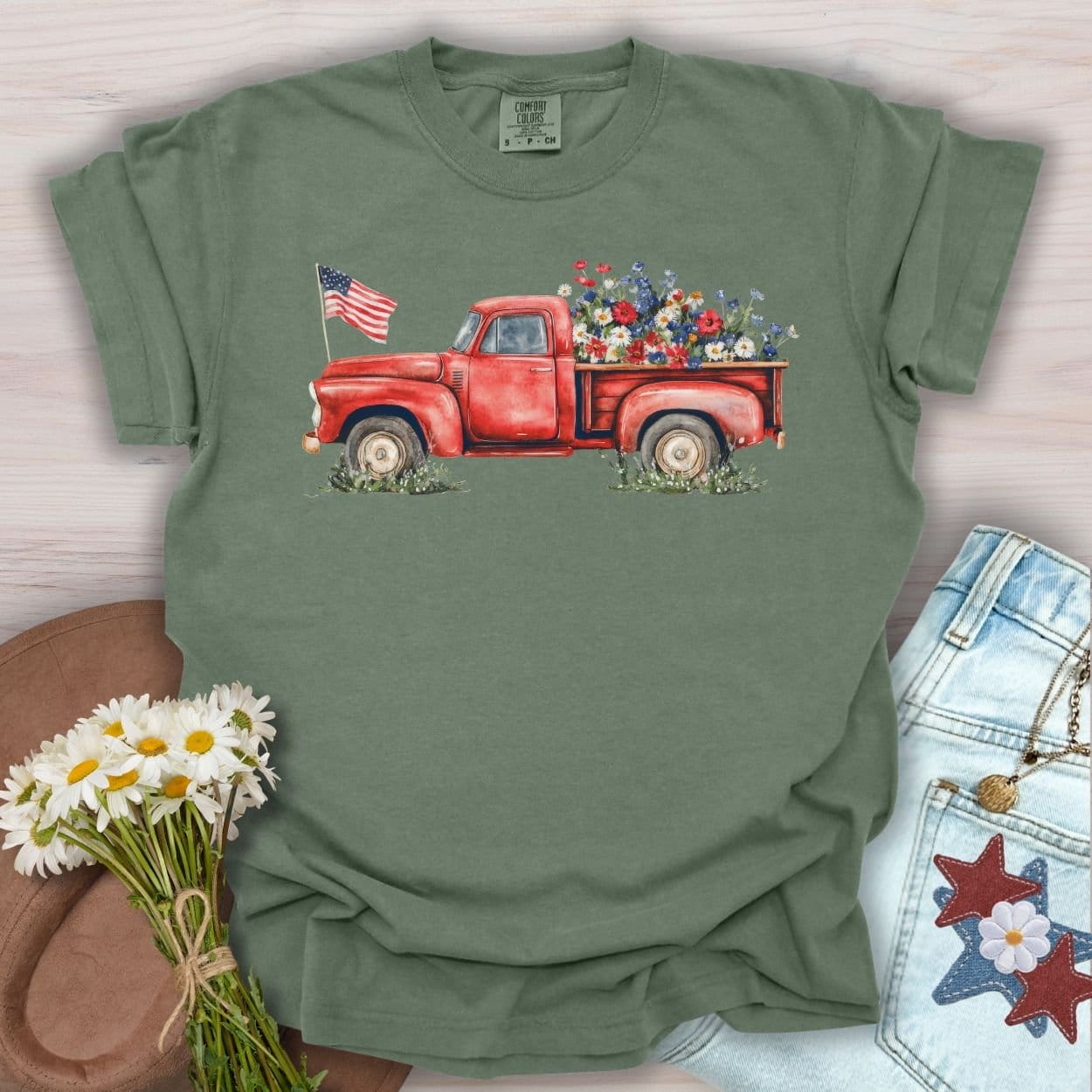 Patriotic Pickup Truck with Flowers T-Shirt