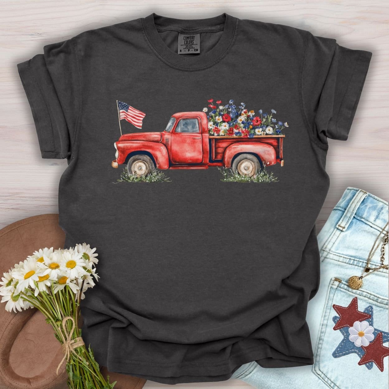 Patriotic Pickup Truck with Flowers T-Shirt