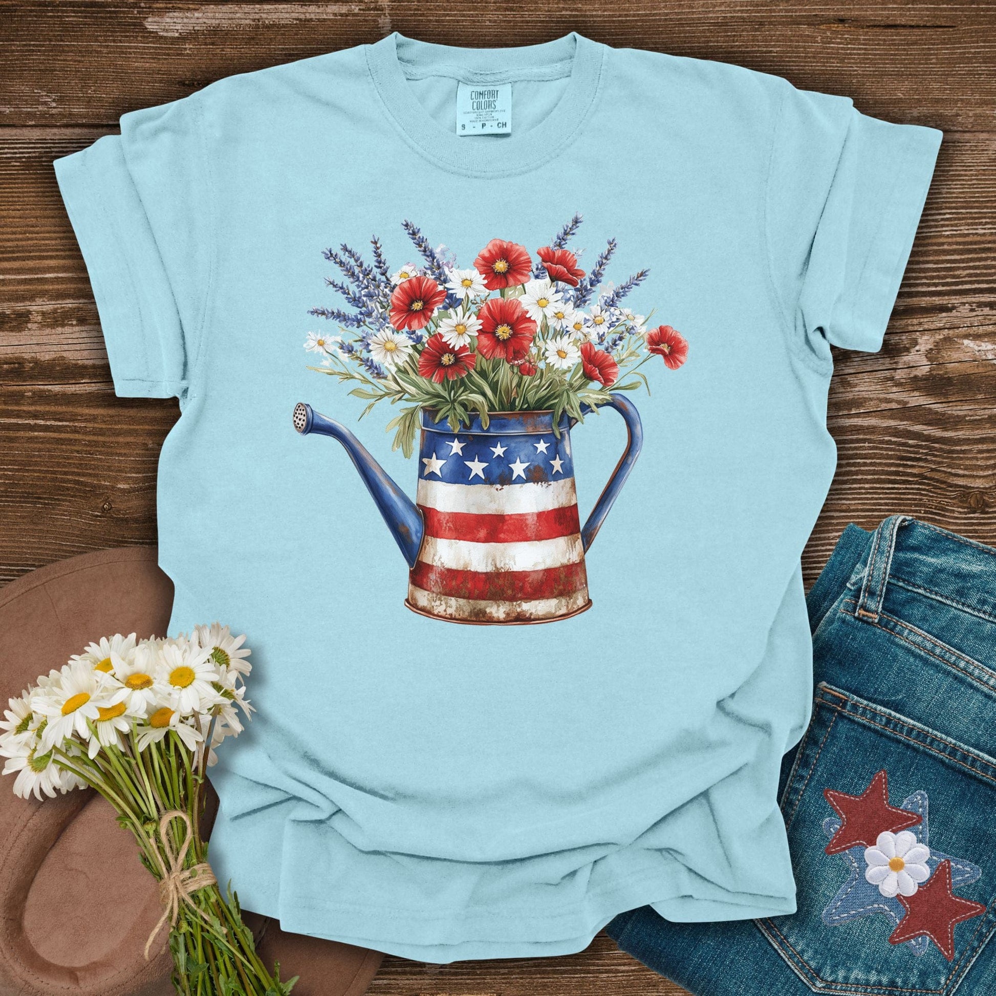 Patriotic Watering Can with Mixed Flowers T-Shirt