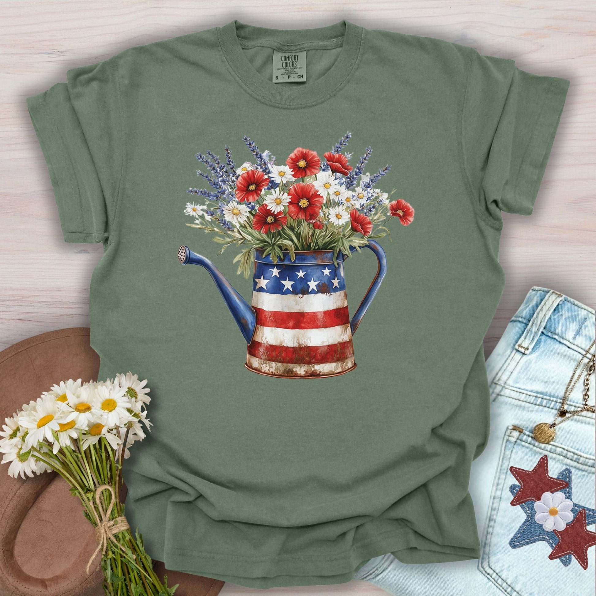 Patriotic Watering Can with Mixed Flowers T-Shirt