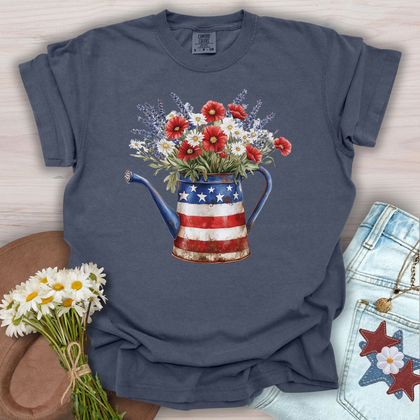 Patriotic Watering Can with Mixed Flowers T-Shirt