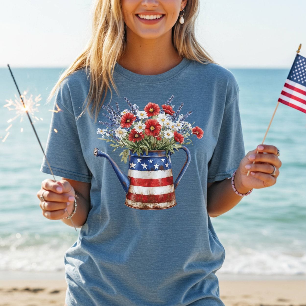 Patriotic Watering Can with Mixed Flowers T-Shirt