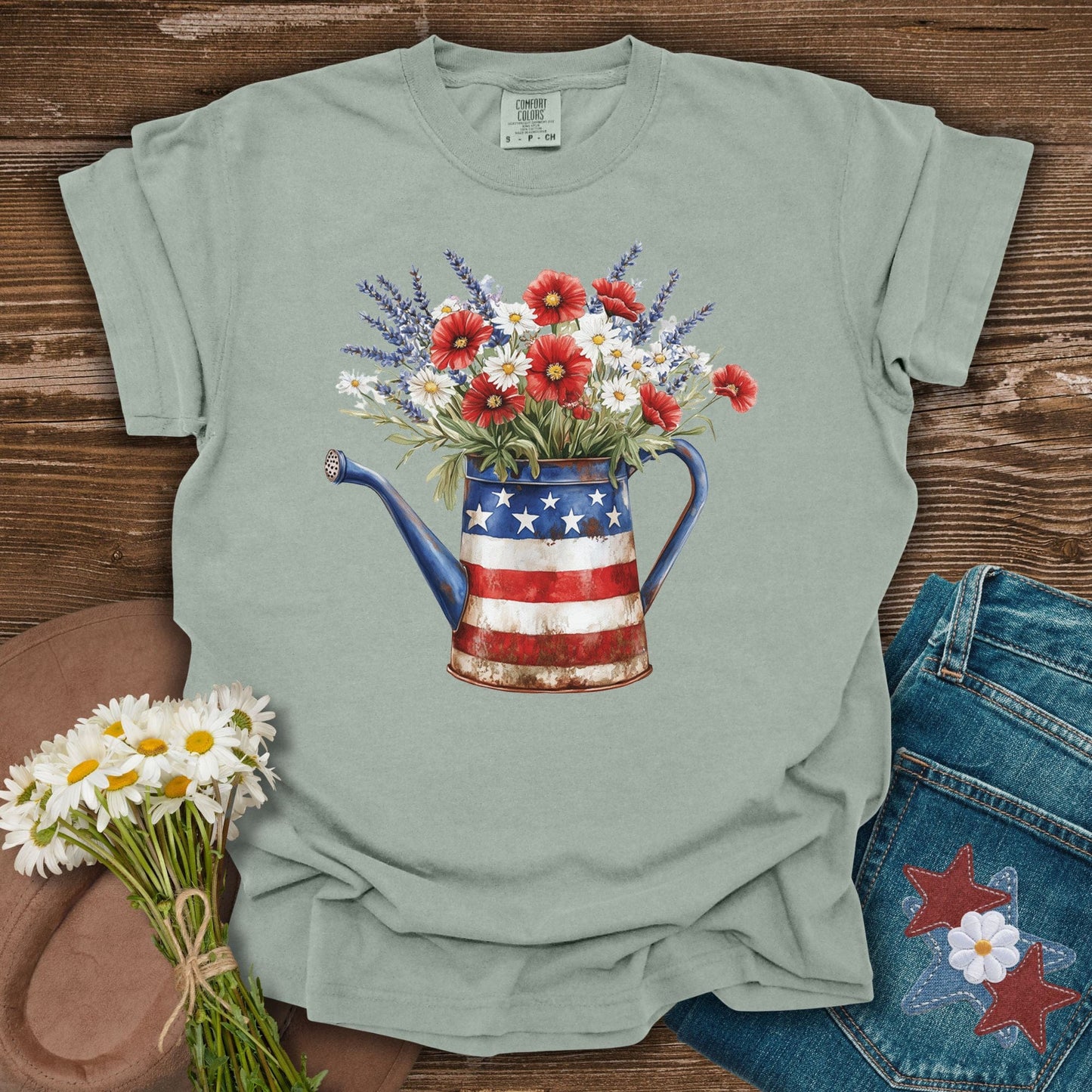 Patriotic Watering Can with Mixed Flowers T-Shirt