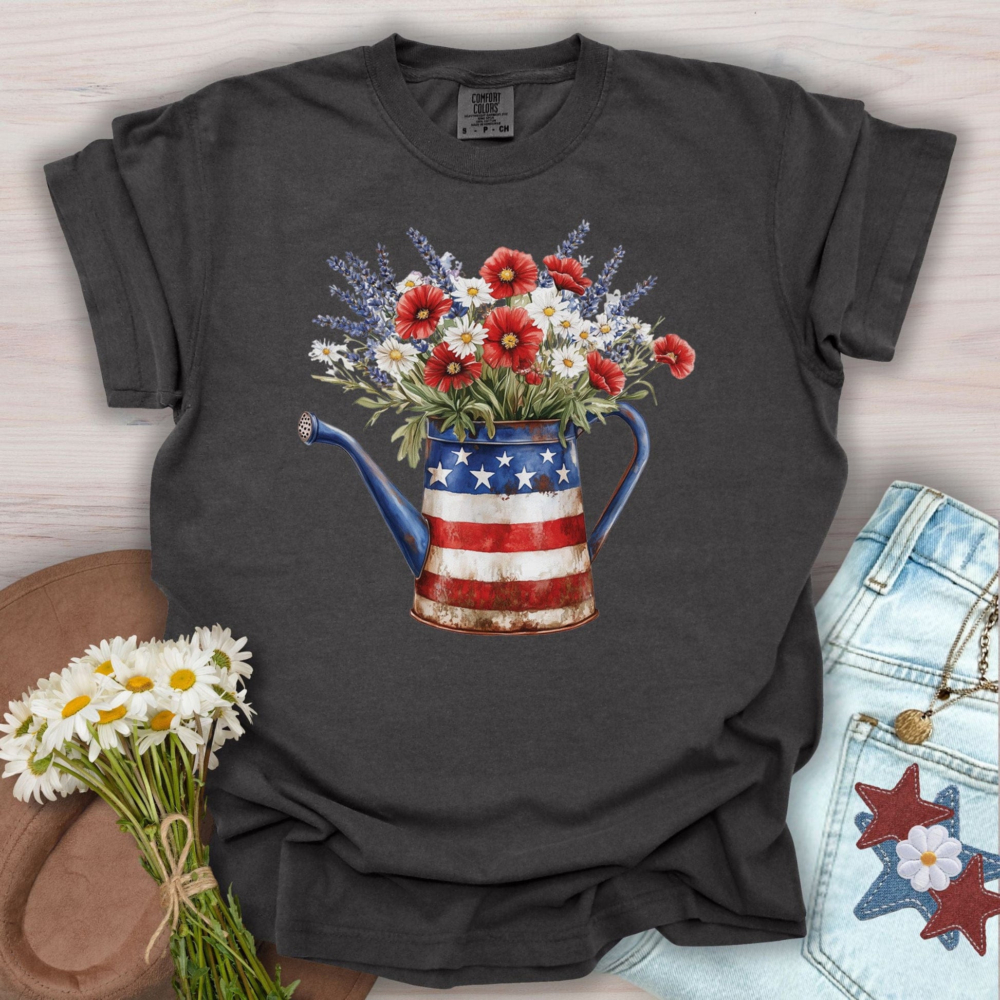 Patriotic Watering Can with Mixed Flowers T-Shirt