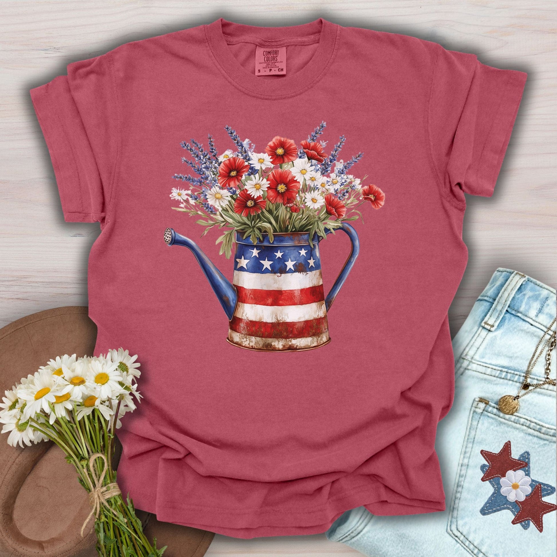Patriotic Watering Can with Mixed Flowers T-Shirt