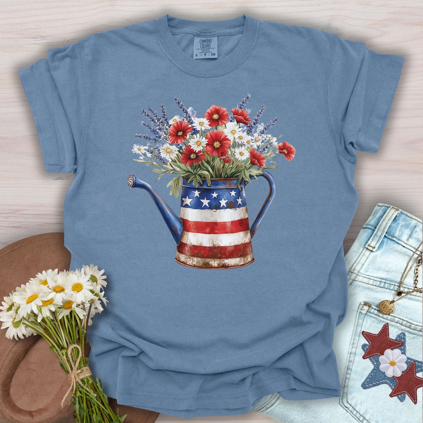 Patriotic Watering Can with Mixed Flowers T-Shirt