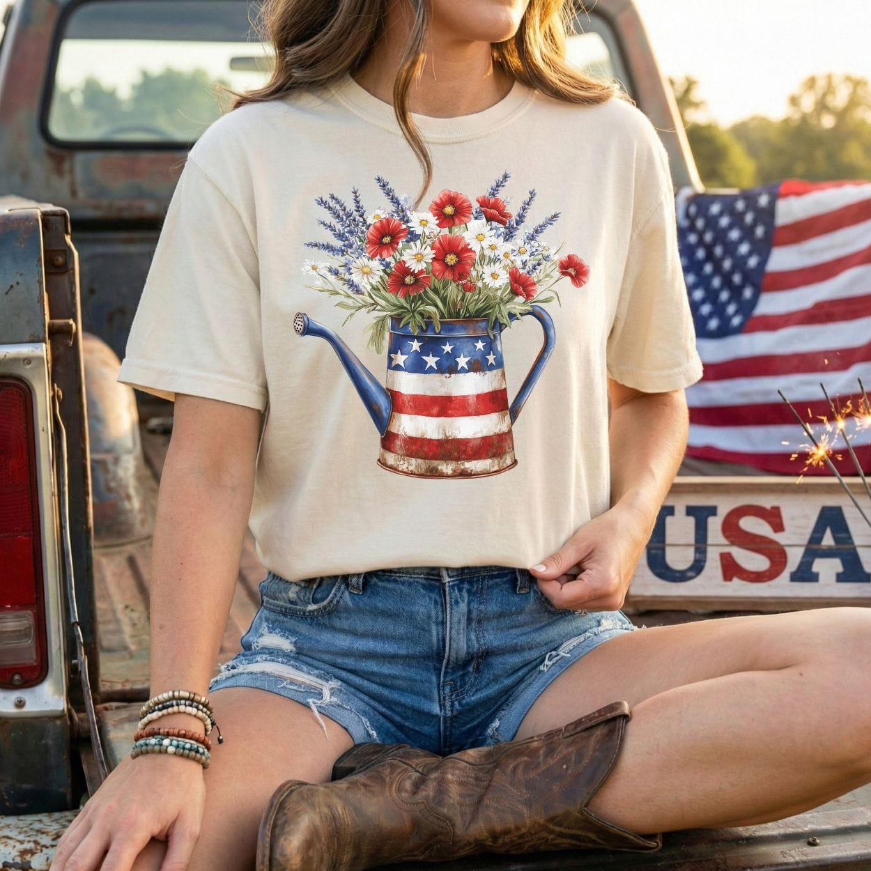 Patriotic Watering Can with Mixed Flowers T-Shirt