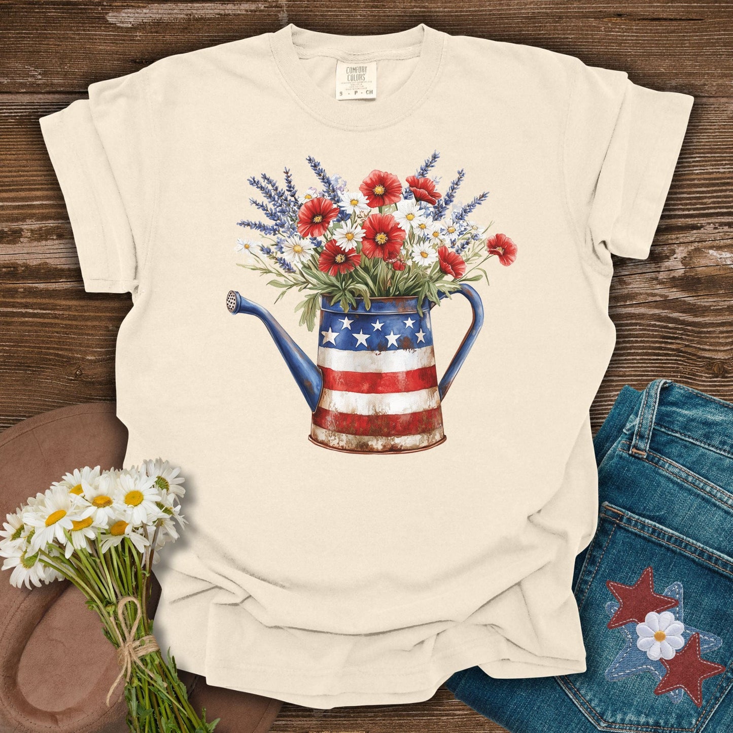 Patriotic Watering Can with Mixed Flowers T-Shirt