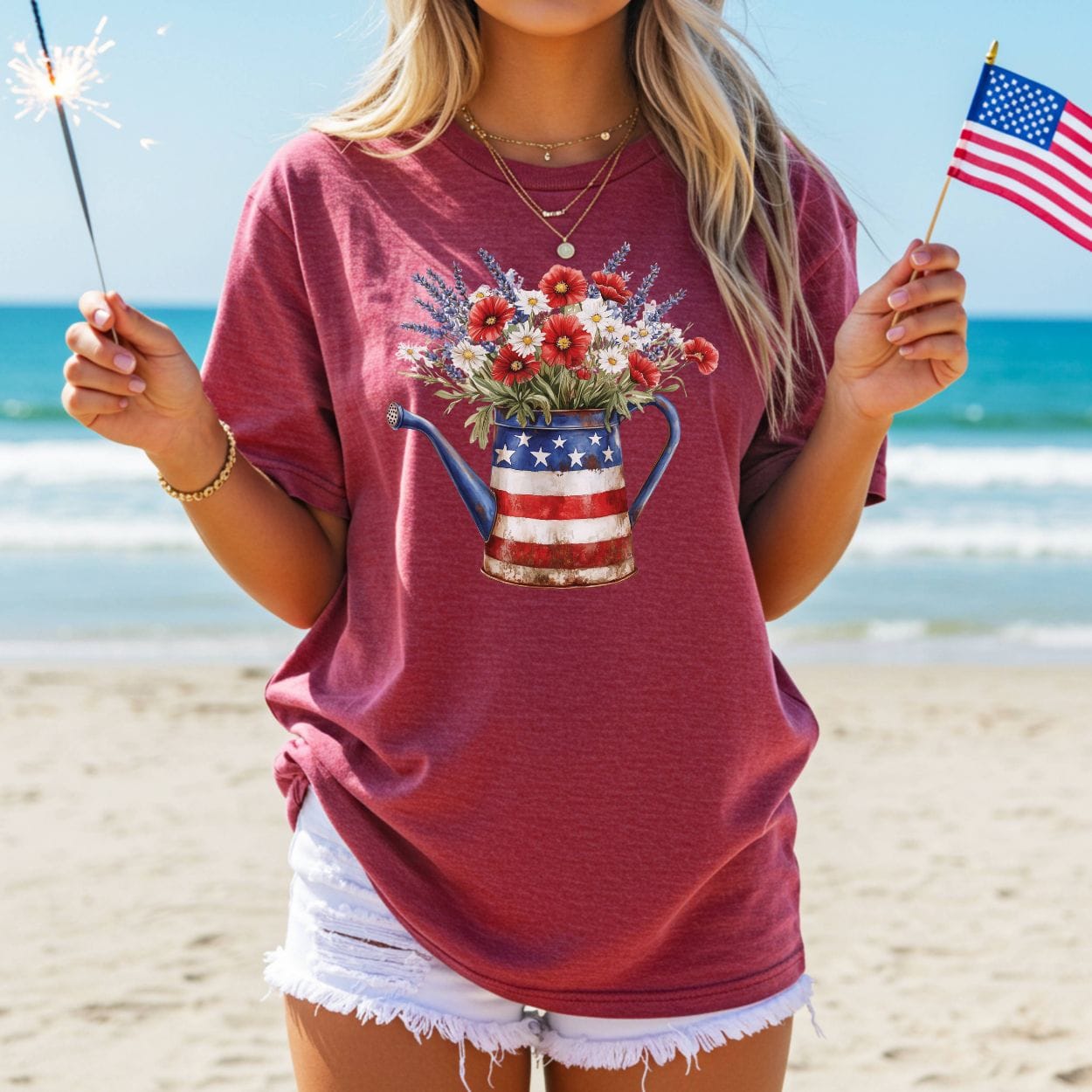 Patriotic Watering Can with Mixed Flowers T-Shirt