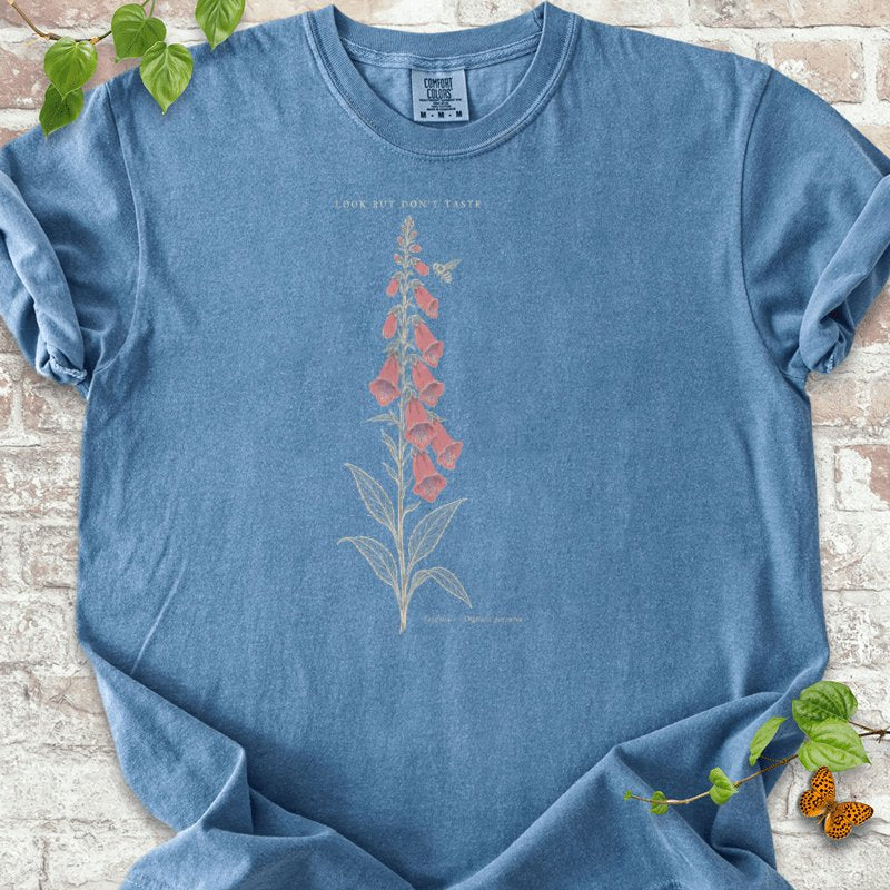 Pink Foxglove And Bee Botanical Quote T-Shirt in Blue Jean – PlotlyGarden