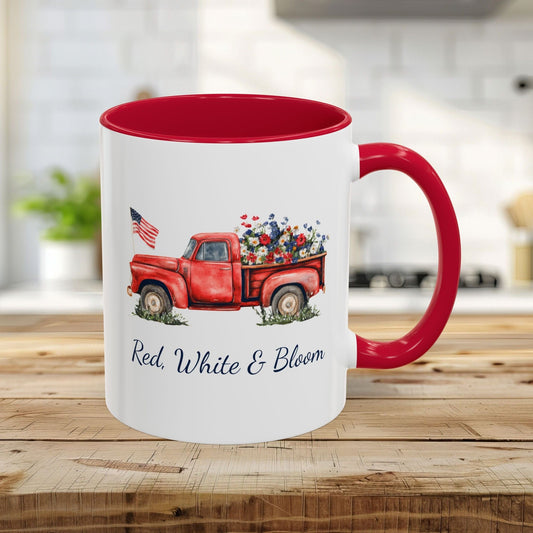 Red, White & Bloom Mug — Patriotic Floral Pickup Truck  (11/15oz)