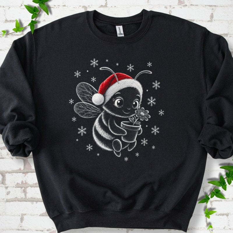 Santa Bee Holding Flower With Snowflakes Sweatshirt in Black – PlotlyGarden