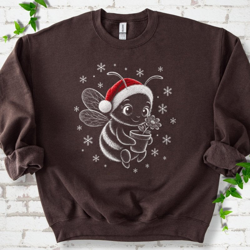 Santa Bee Holding Flower With Snowflakes Sweatshirt in Dark Chocolate – PlotlyGarden