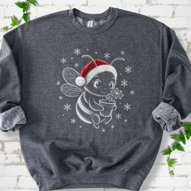 Santa Bee Holding Flower With Snowflakes Sweatshirt in Dark Heather – PlotlyGarden