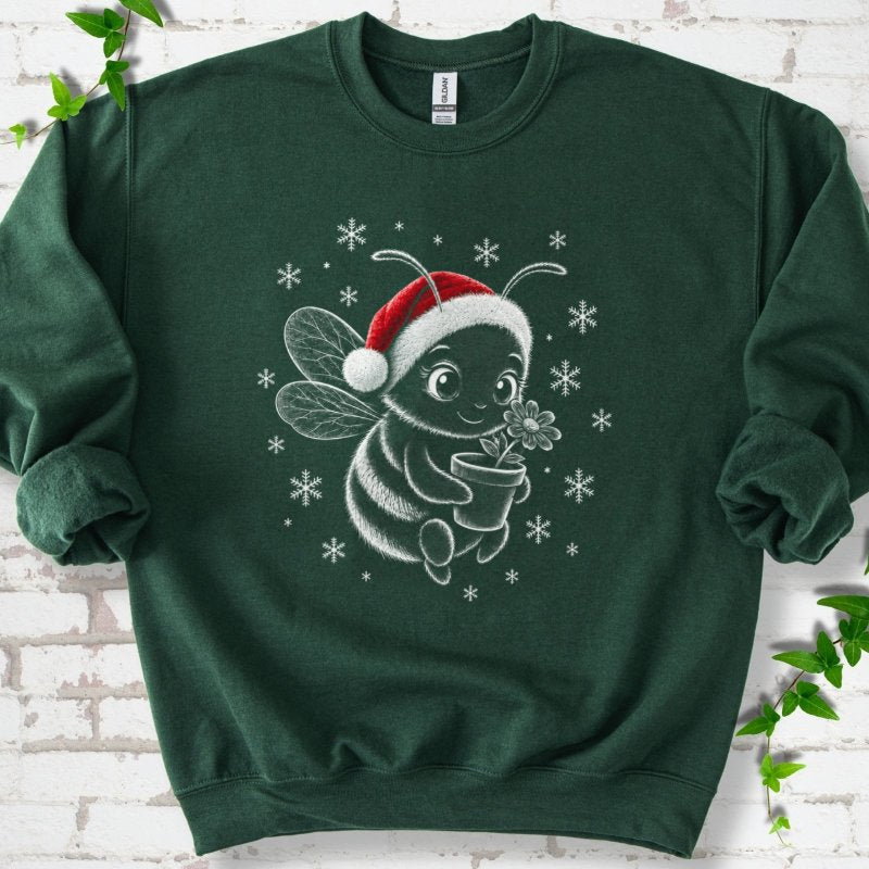 Santa Bee Holding Flower With Snowflakes Sweatshirt in Forest Green – PlotlyGarden