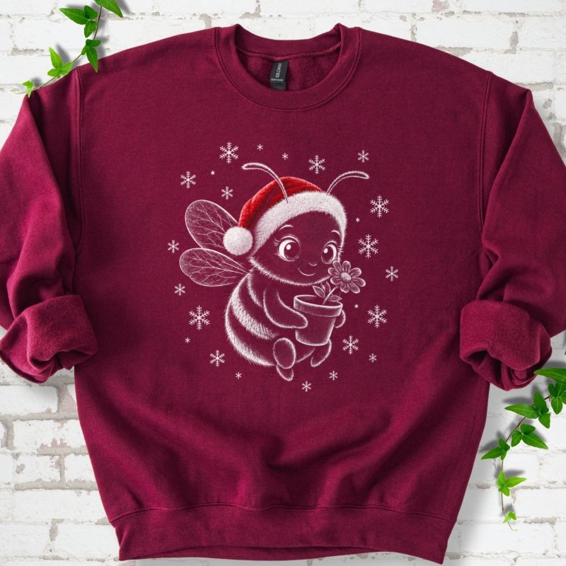 Santa Bee Holding Flower With Snowflakes Sweatshirt in Maroon – PlotlyGarden