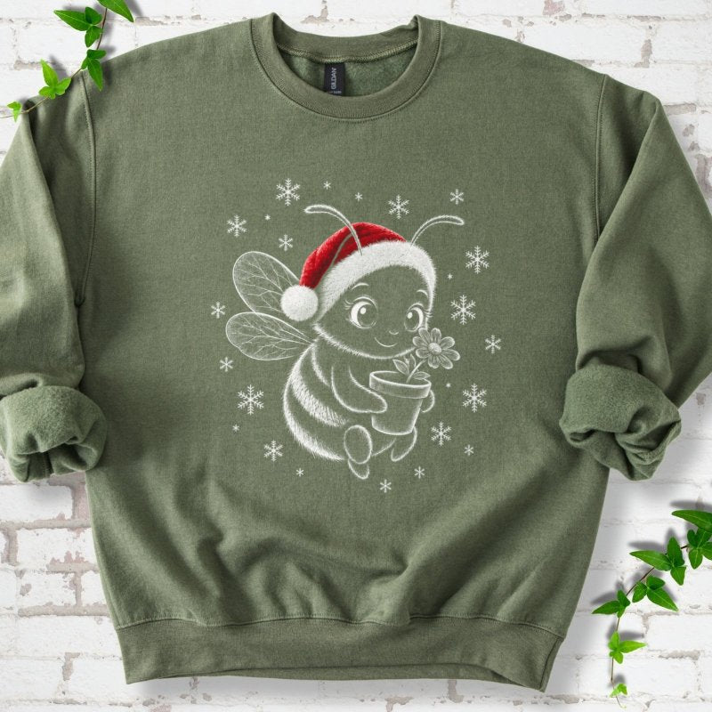 Santa Bee Holding Flower With Snowflakes Sweatshirt in Military Green – PlotlyGarden