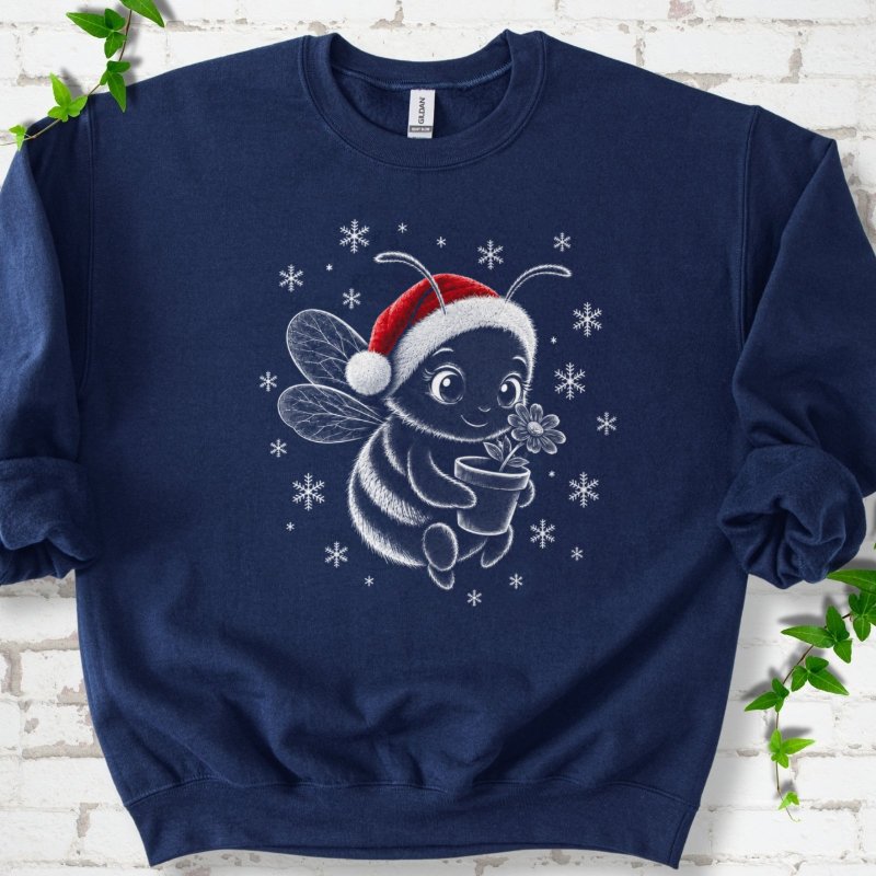 Santa Bee Holding Flower With Snowflakes Sweatshirt in Navy – PlotlyGarden
