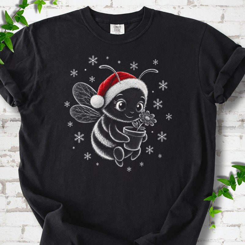 Santa Bee Holding Flower With Snowflakes T-Shirt in Black – PlotlyGarden