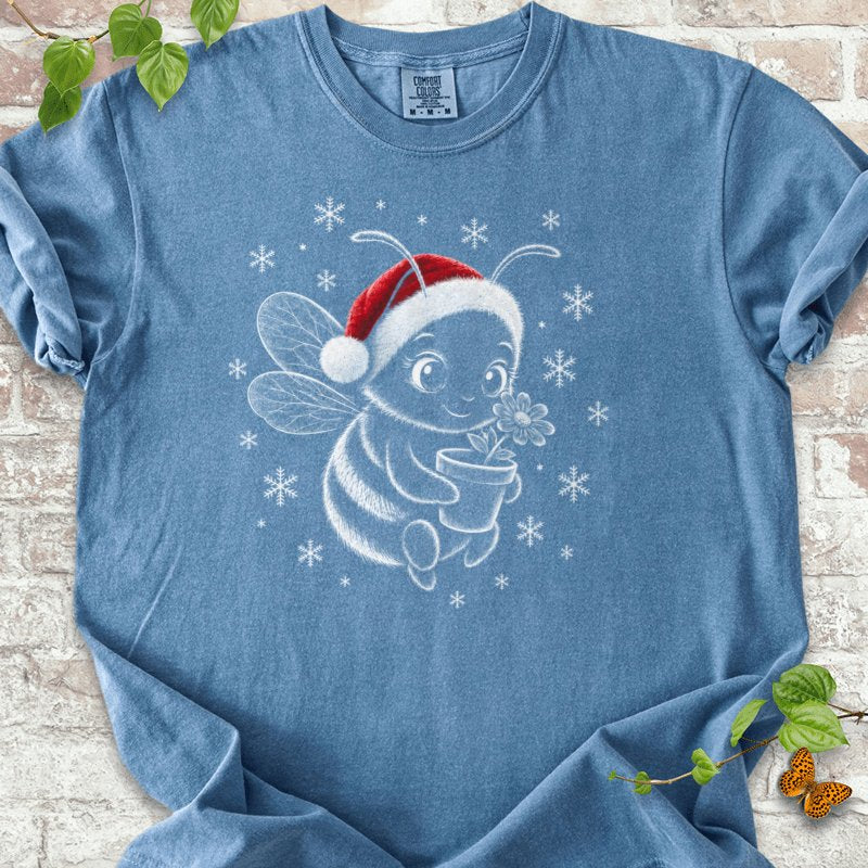 Santa Bee Holding Flower With Snowflakes T-Shirt in Blue Jean – PlotlyGarden