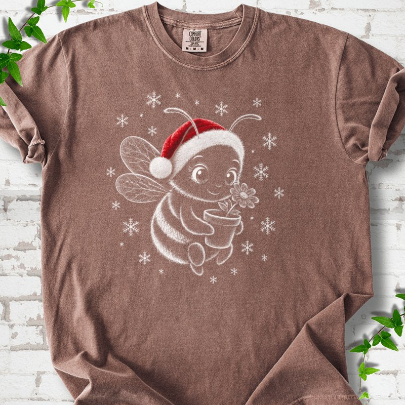 Santa Bee Holding Flower With Snowflakes T-Shirt in Espresso – PlotlyGarden