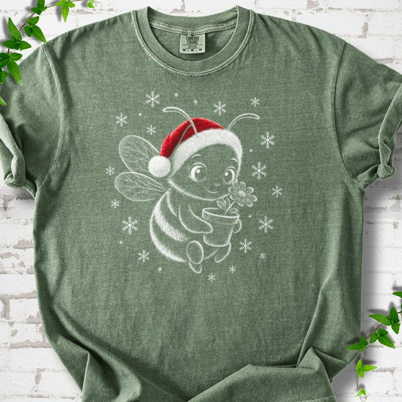 Santa Bee Holding Flower With Snowflakes T-Shirt in Moss – PlotlyGarden